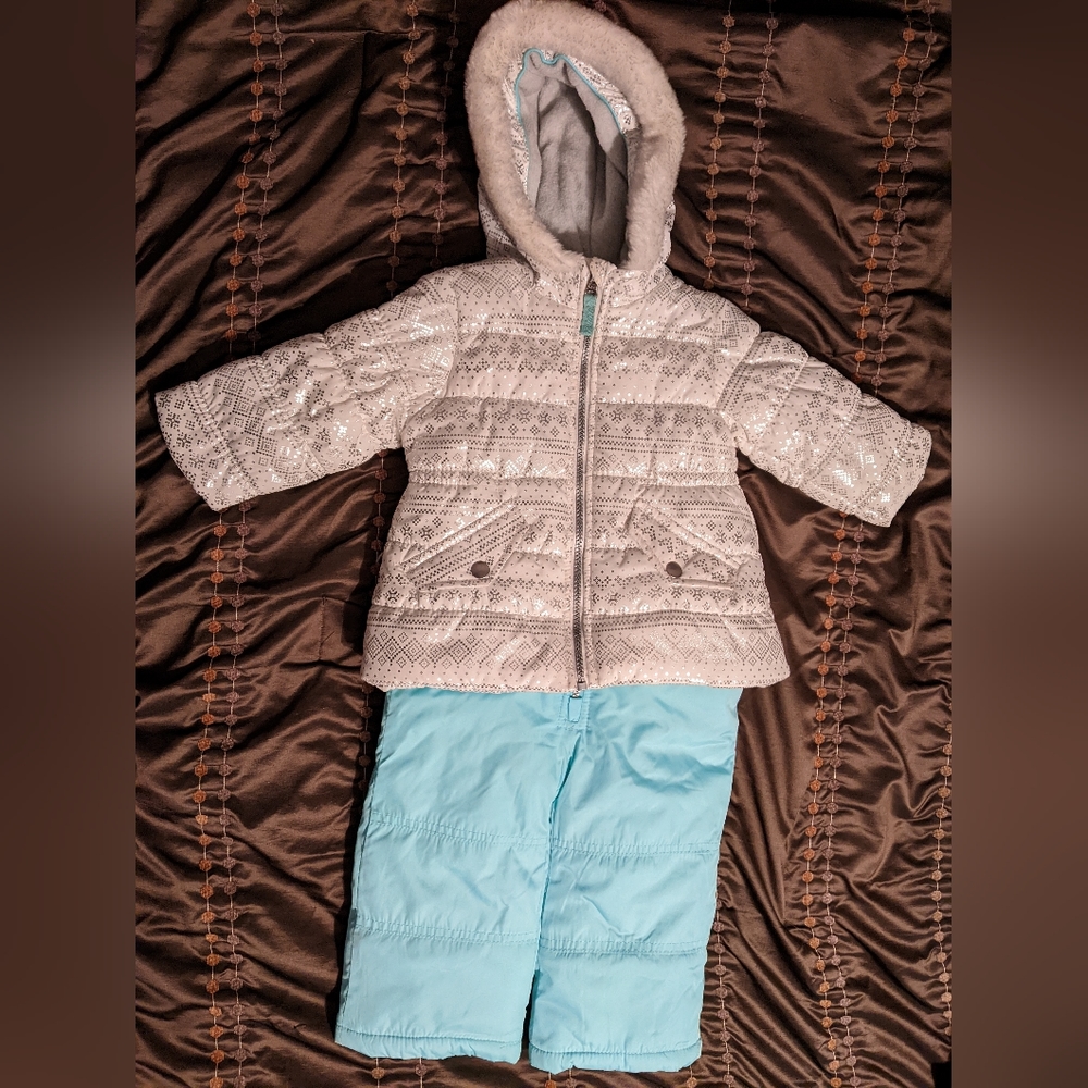 Carter's Cream Patterned Puffer Jacket with Light Blue Snow Pants